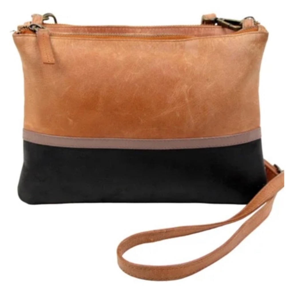 Serrv Crossbody Colorblock Leather Bag in Cognac and Black.  New/never Used